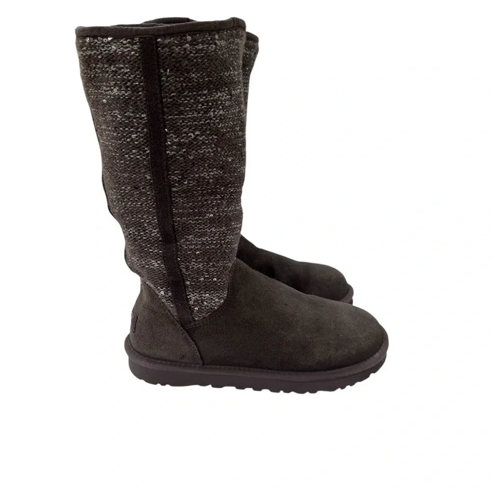 UGG Australia Camaya Leather Suede Sweater Boot Sequins Mid-Calf Gray Size 7